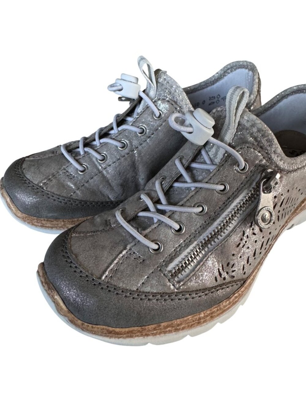 Rieker Nikita Trainer Womens Silver Leather Sneakers 36 US 6 Side Zipper Lace-Up